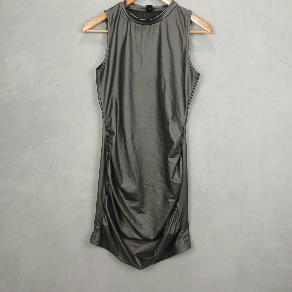 Shein Bodycon Dress Womens Large (8-10) Black Faux Leather Ruched Mock Neck